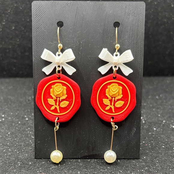 Handmade Jewelry - Red Postage Stamp Rose Earrings with Bow & Pearl Drop